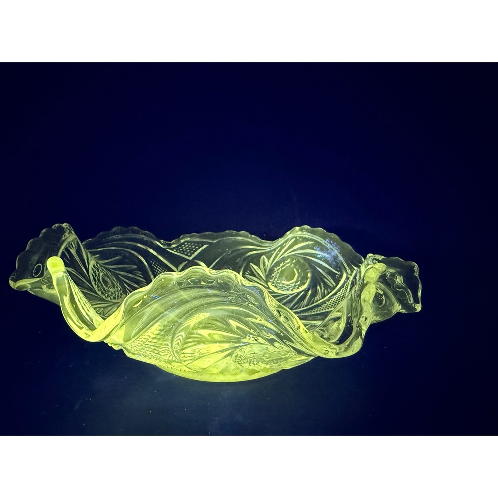 Antique Uranium Vaseline Glass Ruffled Bowl 10" EAPG Pressed Glass Glows UV